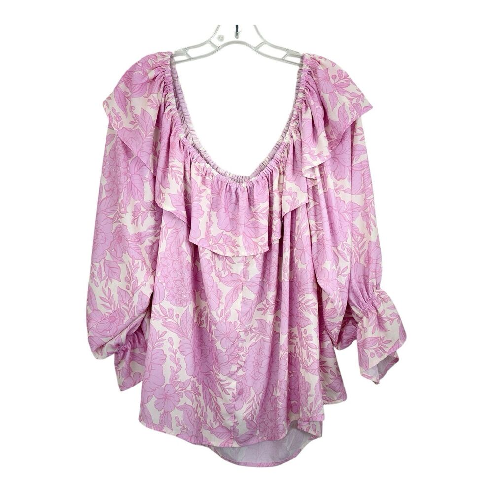 Eloquii Off Shoulder Peasant Shirt Plus Sz 22 Ruffle Blouse Pink Rose Floral